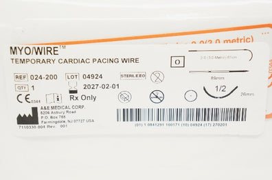 A&E 024-200 2-0 Myo/Wire Temporary Cardiac Pacing Wire 1/2c 26mm 61cm x 89mm